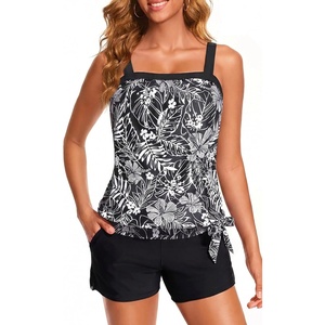 image:imageTankini Swimsuits with Shorts  Blouson Tie Side Tummy Control SwimwearBlack Floral