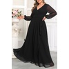 image:imagePlus Size Formal Dress Wedding Guest Chiffon V Neck Ruffle Long Dress WomenBlack Long Sleeve