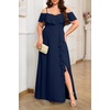 image:imagePlus Size Formal Dresses Off Shoulder Chiffon High Slit Ruffle WeddingNavy Blue