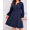 image:imagePlus Size Summer Dress Casual Boho Button Up Tiered Midi Sundress WomenNavy Blue Eyeletlong Sleeve