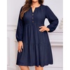 image:imagePlus Size Summer Dress Casual Boho Button Up Tiered Midi Sundress WomenNavy Blue Eyeletlong Sleeve
