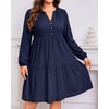 image:imagePlus Size Summer Dress Casual Boho Button Up Tiered Midi Sundress WomenNavy Blue Eyeletlong Sleeve