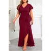 image:imageTalisea Plus Size Formal Dress V Neck Twist Ruffled High Slit Evening GownBurgundy