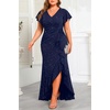 image:imageTalisea Plus Size Formal Dress V Neck Twist Ruffled High Slit Evening GownNavy Blue Glitter