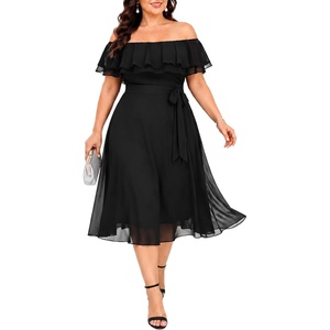 image:imagePlus Size Dresses Wedding Guest Off the Shoulder Chiffon ALine Midi DressBlack