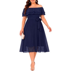 image:imagePlus Size Dresses Wedding Guest Off the Shoulder Chiffon ALine Midi DressNavy Blue