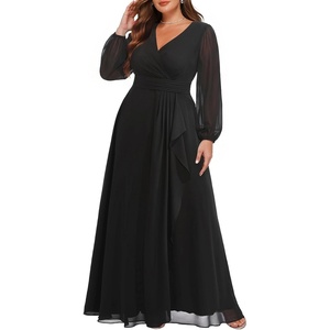 image:imagePlus Size Formal Dress Wedding Guest Chiffon V Neck Ruffle Long Dress WomenBlack Long Sleeve