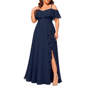 image:imagePlus Size Formal Dresses Off Shoulder Chiffon High Slit Ruffle WeddingNavy Blue
