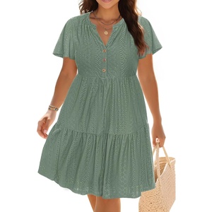 image:imagePlus Size Summer Dress Casual Boho Button Up Tiered Midi Sundress WomenGray Green Eyelet