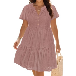 image:imagePlus Size Summer Dress Casual Boho Button Up Tiered Midi Sundress WomenGray Pink Eyelet