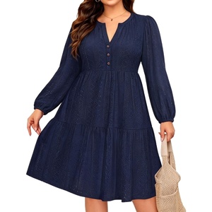 image:imagePlus Size Summer Dress Casual Boho Button Up Tiered Midi Sundress WomenNavy Blue Eyeletlong Sleeve