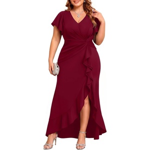 image:imageTalisea Plus Size Formal Dress V Neck Twist Ruffled High Slit Evening GownBurgundy