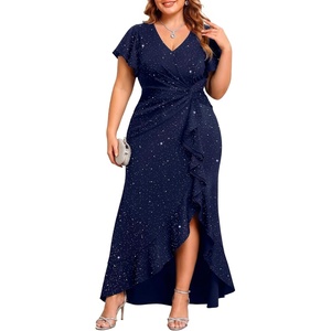 image:imageTalisea Plus Size Formal Dress V Neck Twist Ruffled High Slit Evening GownNavy Blue Glitter