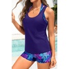 image:image3 Piece Tankini Swimsuits  Tummy Control Athletic Halter Top with ShortsBlue Purple Leaves