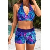 image:image3 Piece Tankini Swimsuits  Tummy Control Athletic Halter Top with ShortsBlue Purple Leaves