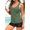 image:image3 Piece Tankini Swimsuits  Tummy Control Athletic Halter Top with ShortsGreen and Striped