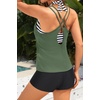 image:image3 Piece Tankini Swimsuits  Tummy Control Athletic Halter Top with ShortsGreen and Striped