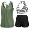 image:image3 Piece Tankini Swimsuits  Tummy Control Athletic Halter Top with ShortsGreen and Striped
