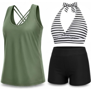 image:image3 Piece Tankini Swimsuits  Tummy Control Athletic Halter Top with ShortsGreen and Striped