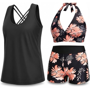 image:image3 Piece Tankini Swimsuits  Tummy Control Athletic Halter Top with ShortsOrange Floral