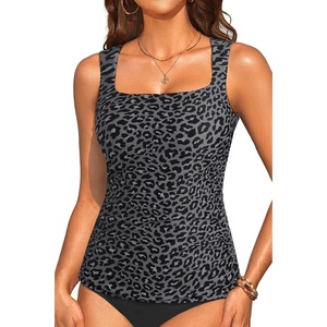 image:imageTummy Control Tankini Top Only  Women Square Neck Slimming Swimsuit TopBlack Leopard