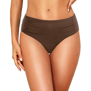 image:imageWomen Full Coverage Bikini Bottoms  Mid Rise Ruched Swimsuit BottomBrown