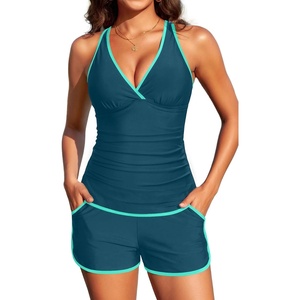 image:imageWomens Tankini with Shorts  Tummy Control Two Piece Swimsuit with PocketsTeal and Green