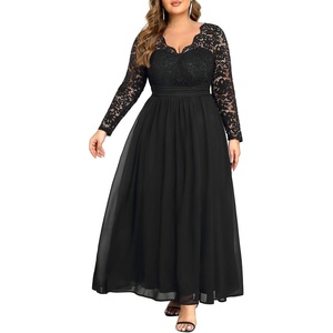 image:imagePlus Size Formal Dress VNeck Lace Chiffon Maxi Wedding Guest GownBlack