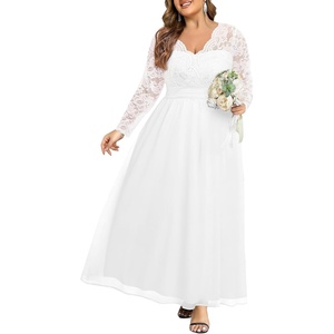 image:imagePlus Size Formal Dress VNeck Lace Chiffon Maxi Wedding Guest GownWhite1
