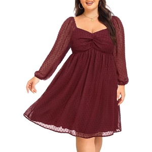 image:imagePlus Size Graduation Dress  Summer Swiss Dot Sweetheart Neckline Short Sundress Puff Sleeve Cute Flowy Chiffon DressesBurgundy