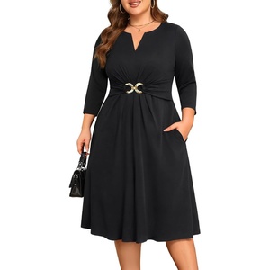 image:imagePlus Size Wedding Guest Dress Fall Semi Formal 34 Sleeve Aline Midi DressBlackmetal Buckle
