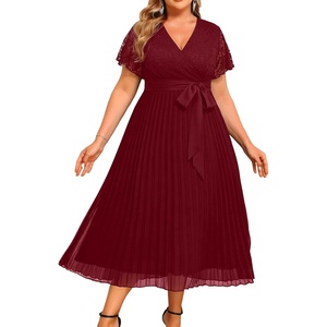 image:imagePlus Size Wedding Guest Dress Lace Pleated Midi DressBurgundy