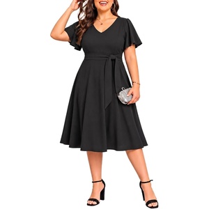 image:imagePlus Size Wedding Guest Dress Short Sleeve V Neck ALine Midi Dresses WomenBlack