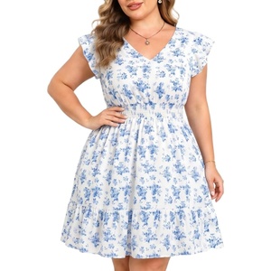 image:imageTalisea Womens Plus Size V Neck Ruffle Sleeve Flowy Summer DressBlue White Floral