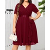 image:imageTalisea Plus Size Wedding Guest Lace Chiffon Ruffle Tea Length DressBurgundy