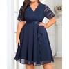 image:imageTalisea Plus Size Wedding Guest Lace Chiffon Ruffle Tea Length DressNavy Blue