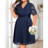 image:imageTalisea Plus Size Wedding Guest Lace Chiffon Ruffle Tea Length DressNavy Blue