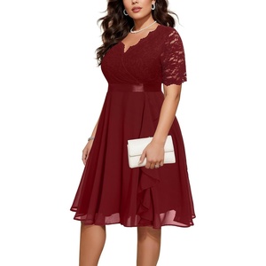 image:imageTalisea Plus Size Wedding Guest Lace Chiffon Ruffle Tea Length DressBurgundy
