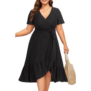 image:imagePlus Size Summer Dress  Casual Midi Eyelet V Neck A Line Dress for WomenBlack