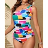 image:imageOne Shoulder Tankini Set Two Piece Tummy Control Swimsuit for WomenColor Block