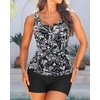 image:imageTankini with Shorts  Tummy Control Two Piece Swimsuit with PocketsBlack Floral