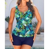 image:imageTankini with Shorts  Tummy Control Two Piece Swimsuit with PocketsBlue Leaves
