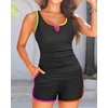 image:imageTankini with Shorts  Tummy Control Two Piece Swimsuit with PocketsColorful Black