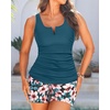 image:imageTankini with Shorts  Tummy Control Two Piece Swimsuit with PocketsTeal Floral