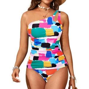 image:imageOne Shoulder Tankini Set Two Piece Tummy Control Swimsuit for WomenColor Block